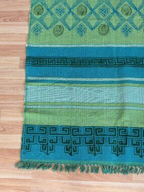 Nepalese Yoga Mat, Rug or Throw, Handwoven & Block Printed Greens & Turquoises